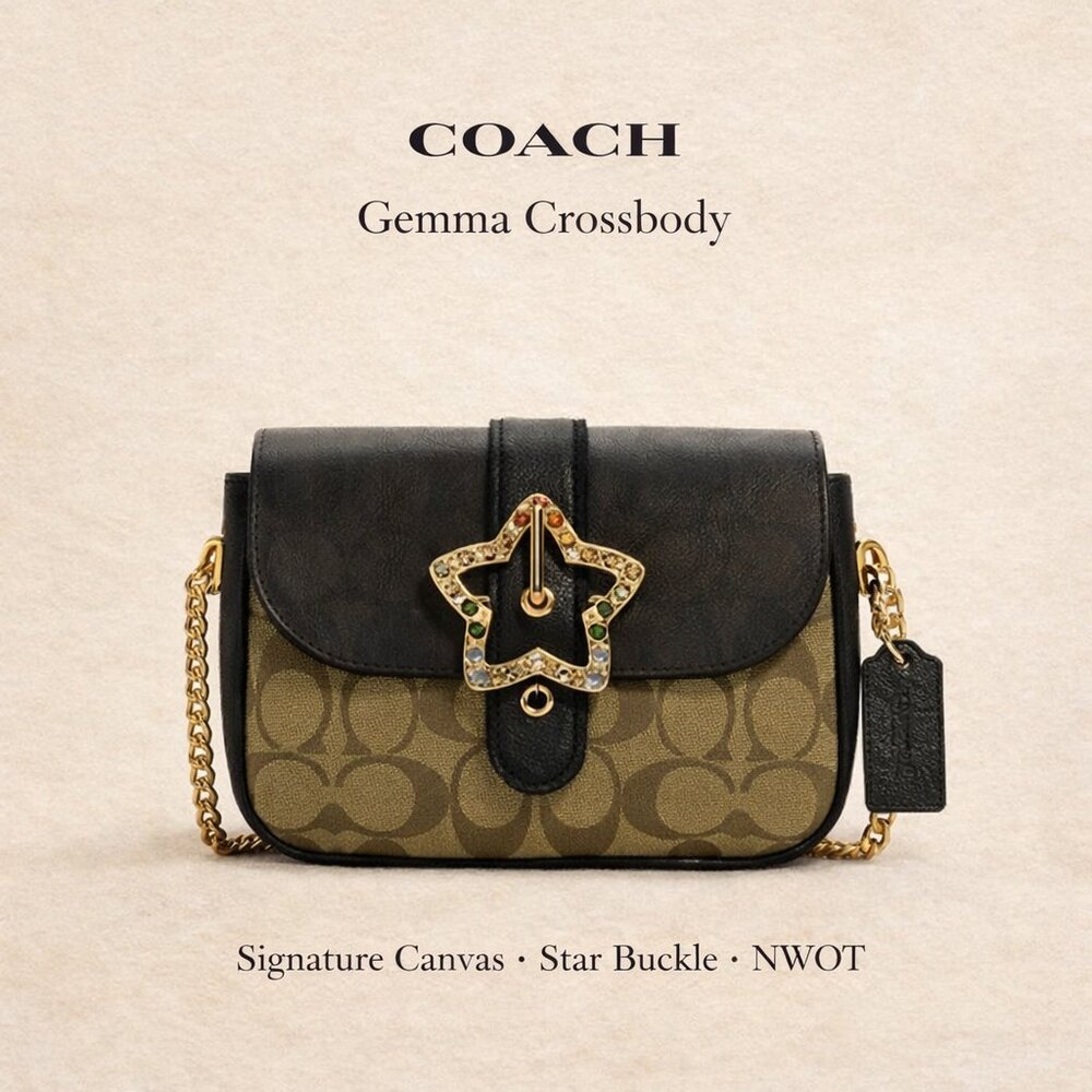 NWOT Coach Gemma Crossbody Khaki Black Signature Canvas Star Buckle